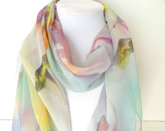 Pastel Silk Scarf -Spring Scarf - Holiday Scarf - Gift for Her - 15"x 60"