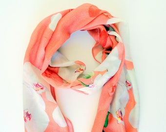 Coral Wool Scarf - Soft Pink Scarf - Gift for Her - Floral Scarf - 15" x 60"