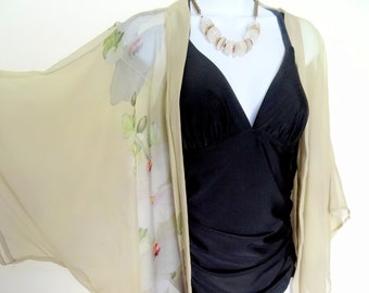 Beige Silk Jacket - Silk Kimono - Mother of the Bride - Silk Duster - Sheer Lingerie - Plus Clothing