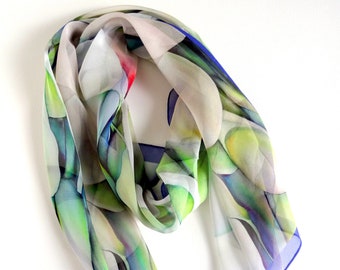 Abstract Silk Scarf - Spring Scarf - Holiday Scarf - Gift for Her - 15"x60"