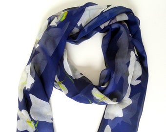 Blue Silk Scarf - Floral Silk Scarf - Holiday Scarf - Gift for Her - 15" x 60"