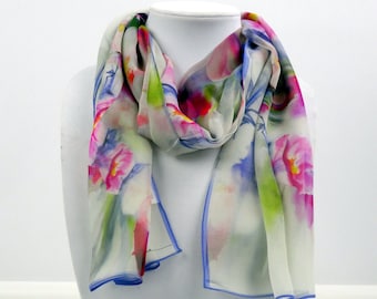 Cherry Blossom Silk Scarf - Watercolor Floral Silk Scarf - Spring Scarf - 15"x 60"