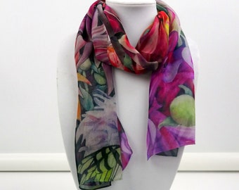 Floral Silk Scarf - Butterfly Silk Scarf - Spring Scarf - Holiday Scarf - Gift for Her - 15"x 60"