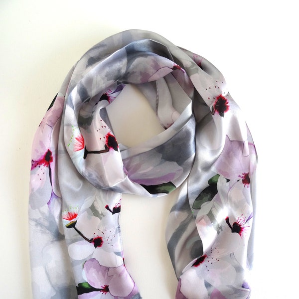 Cherry Blossom Silk Scarf - Spring Scarf - Holiday Scarf - Gift for Her - 15"x 60"