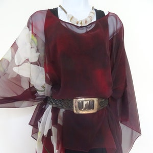 Red Silk Caftan - Burgundy Silk Poncho - Silk Cover Up - Floral Sheer Caftan - Plus Clothing