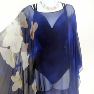 Navy Silk Caftan - Cobalt Kaftan - Poncho - Silk Sheer Cover Up - Plus Clothing