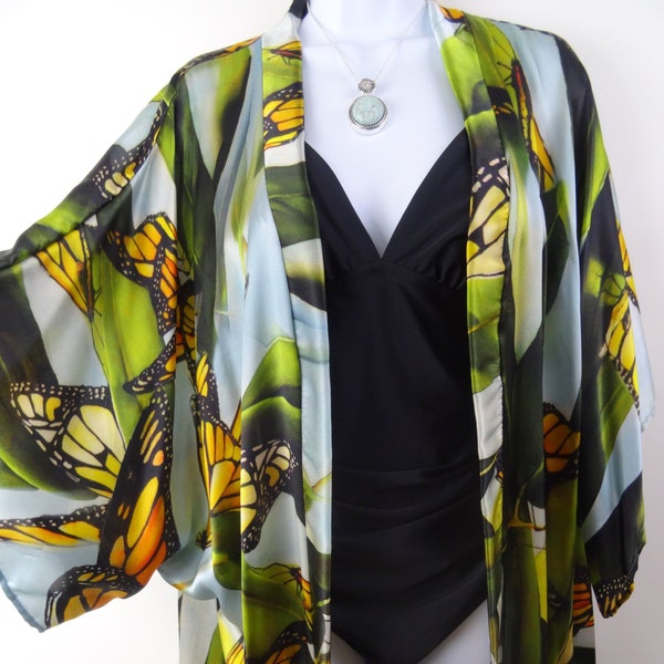Monarch Butterfly Silk Kimono - Silk Dinner Jacket - Butterfly Duster - One Size, Plus