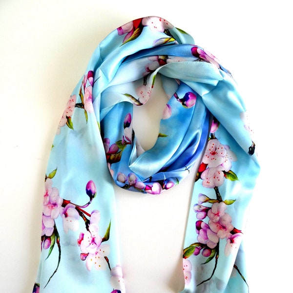 Blue Floral Silk Scarf - Cherry Blossom Scarf - Holiday Gift for Her - 15" x 60"