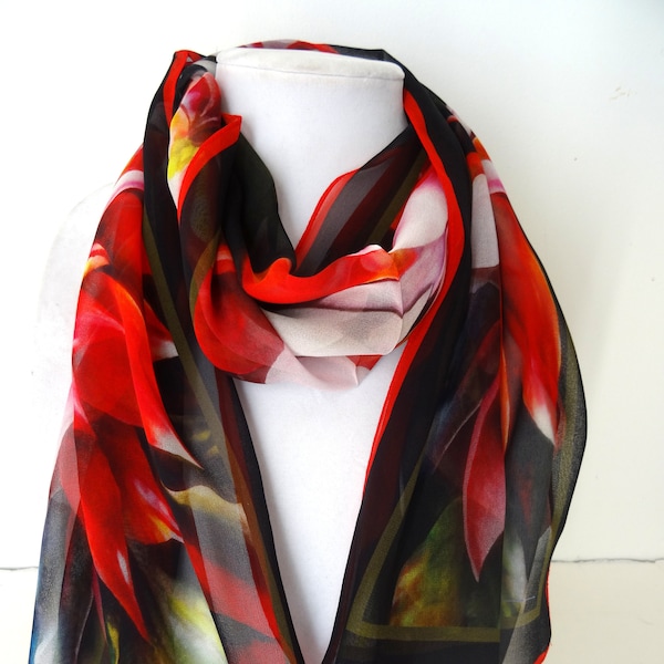 Poinsettia Silk Scarf - Christmas Silk Scarf - Fall Scarf - Gift for Her - 15"x 60"