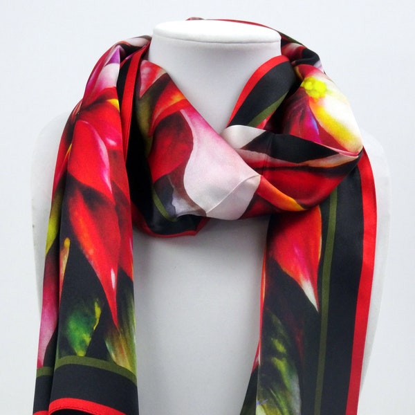 Poinsettia Silk Satin Scarf - Holiday Red Silk Scarf - Scarf for Her - Christmas Gift - 15"x 60"
