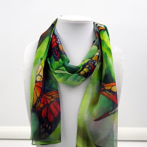 Monarch Butterfly Silk Scarf - Spring Scarf - Gift for Her - 15"x 60"