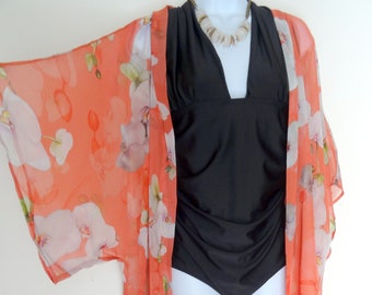 Coral Silk Jacket - Swimsuit Cover Up - Mother of the Bride - Silk Duster - Sheer Lingerie - Plus Clothing