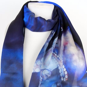 Octopus Art Scarf - Nautical Blue Scarf - Ocean Theme Scarf - Scarf for Her - Silk Satin - 15" x 60"