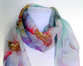 Hummingbird Silk Scarf - Pastel Peony Silk Scarf - Spring Scarf - Gift For Her - Mother of the Bride - Garden Lover - 15" x 60"