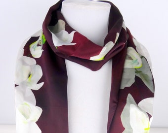 Burgundy Silk Scarf - Floral Silk Scarf - Gift For Her - Bridal Gift - Shiny Silk Satin - 15"x 60"