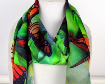 Monarch Butterfly Scarf - Butterfly Silk Scarf - Holiday Silk Scarf - Gift for Her - 15&quot;x 60&quot;