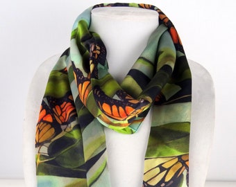 Monarch Butterfly Scarf - Spring Scarf - Butterfly Scarf For Her - Mother's Day Gift - Silk Satin Scarf - 15"x60"