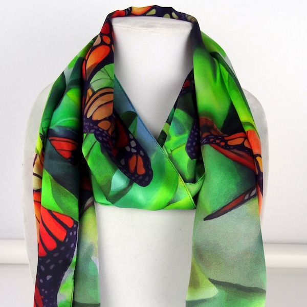 Monarch Butterfly Scarf - Butterfly Silk Scarf - Holiday Silk Scarf - Gift for Her - 15"x 60"