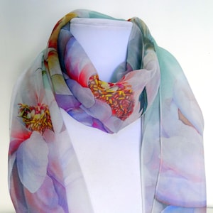 Hummingbird Silk Scarf - Pastel Peony Silk Scarf - Spring Scarf - Gift For Her - Mother of the Bride - Garden Lover - 15&quot; x 60&quot;