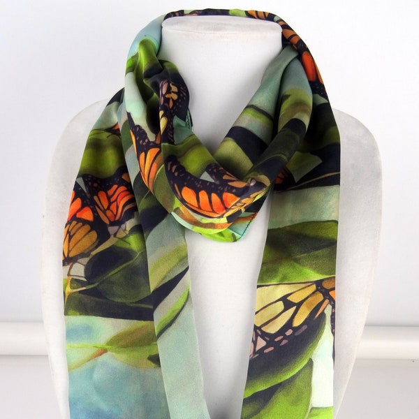 Monarch Butterfly Scarf - Spring Scarf - Butterfly Scarf For Her - Mother's Day Gift - Silk Satin Scarf - 15"x60"