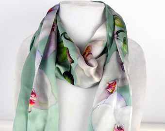 Mint Green Silk Scarf -Pastel Orchids Scarf - Spring Scarf - Holiday Gift for Her - 15" x 60"