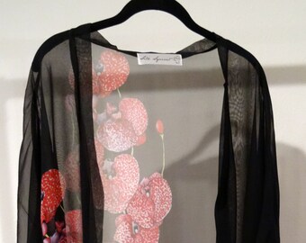 Mother's Day, Silk Duster, Dinner Jacket, Summer Cover Up, For Her, Wedding, Black Silk Kimono, Robe, Pink Orchids, ONESIZE Plus