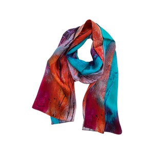 Abstract Silk Scarf - Spring Scarf - Gift For Her - Blue Orange Silk Scarf - 15&quot;x 60&quot;