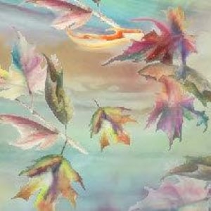 May include: Abstract watercolor painting featuring a colorful pattern of leaves in shades of pink, purple, green, blue, and yellow on a light blue background.