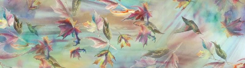 May include: Abstract watercolor painting featuring a colorful pattern of leaves in shades of pink, purple, green, blue, and yellow on a light blue background.