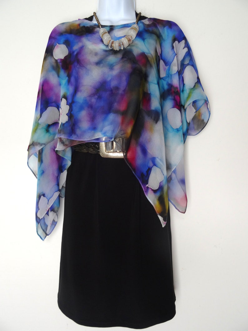 Purple Blue For Her One Size Plus Floral Silk Scarf Poncho Vest