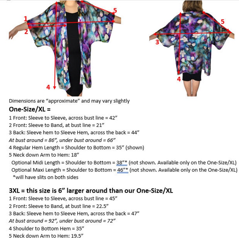 Pu&ograve; includere: Un kimono colorato con un motivo tie-dye in tonalit&agrave; di viola, blu e rosa. Il kimono &egrave; mostrato in due viste, con misure etichettate in pollici. Il testo "One-Size/XL" e "3XL" &egrave; incluso nell'immagine.