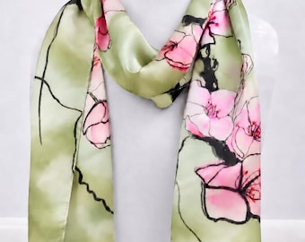Sage Green Silk Scarf - Cherry Blossom - Spring Scarf - Shiny Silk Satin - Japanese Art Scarf - 11"x60"