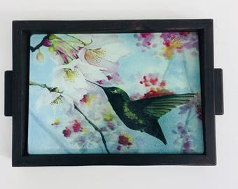 Spring Glass Board, Hummingbird Glass Cutting Board, Hostess Gift, 10"x13"