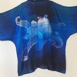 Octopus Silk Kimono, Blue, Dinner Duster, Ocean, Sea Life, Onesize, Plus