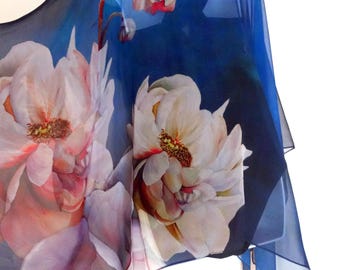 Hummingbird on Blue - Spring Silk By Yard - Digital Print Silk Georgette 8mm - DIY Seamstress - Craft Material