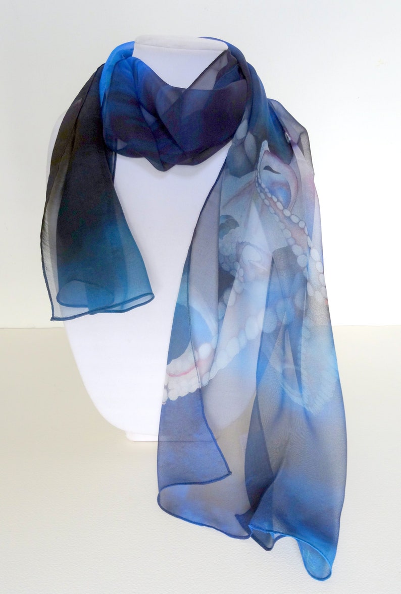 Blue Silk Scarf Octopus Scarf Holiday Gift for Her Fall Scarf 15x60 image 2