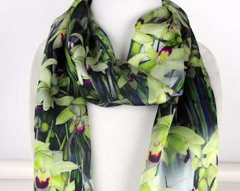 Floral Silk Scarf - Orchid Silk Scarf - Spring Gift For Her - Tropical Scarf - 15" x 60"