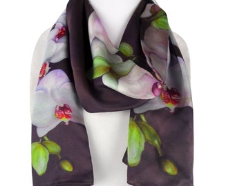 Sleek Brown Silk Scarf - Spring Silk Scarf - Orchid Silk Scarf - Wedding Shawl - Silk Scarf For Her - 15"x60"