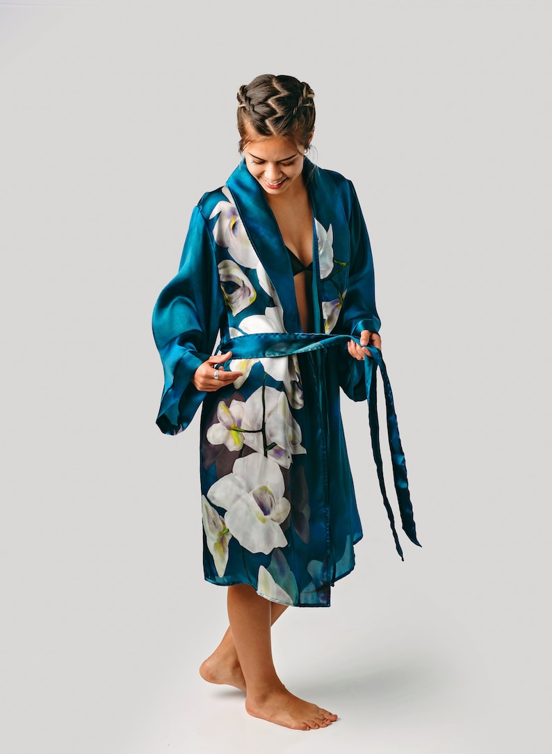 Blue Silk Robe Bridal Gift Blue Floral Silk Robe Silk Etsy
