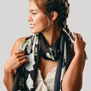 Black Silk Scarf - Floral Spring Scarf - Gift for Her - Holiday Scarf - 15&quot;x 60&quot;