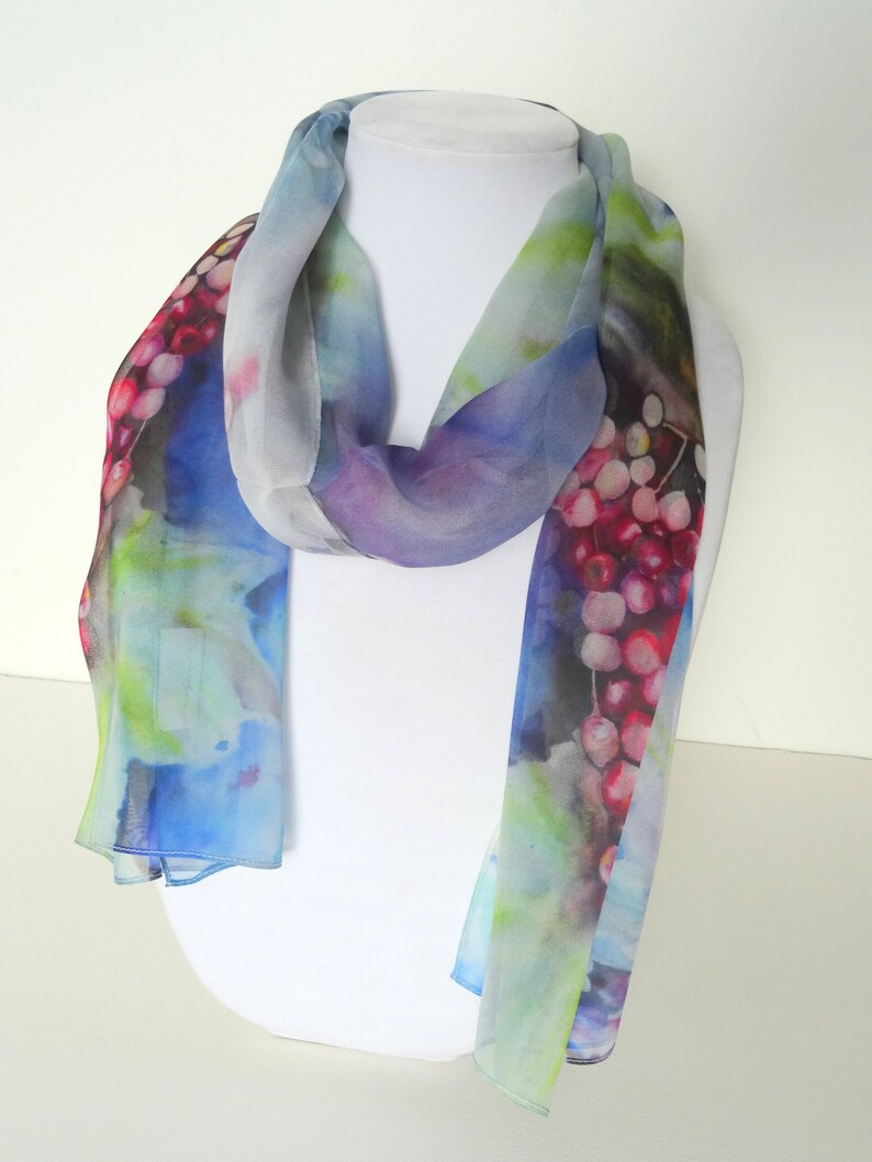 Blue Floral Silk Scarf Spring Scarf Holiday Scarf Gift for Her 15x60 image 2