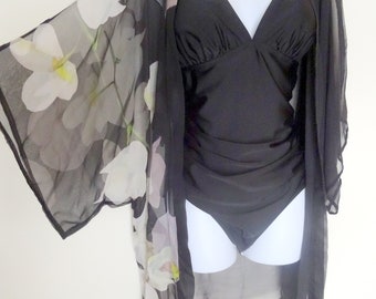 Black Silk Jacket - Black Silk Kimono - Mother of the Bride - Silk Duster - Sheer Lingerie - Made in USA