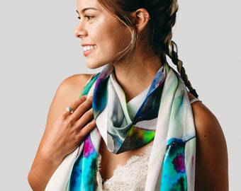 Hummingbird Silk Scarf - Floral Spring Scarf - Gift For Her - Shiny Silk Satin - 15&quot;x 60&quot;