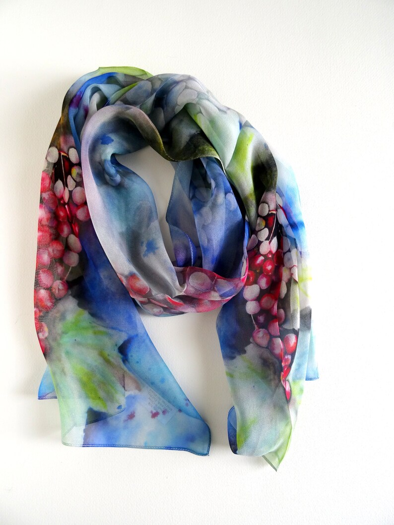 Blue Floral Silk Scarf Spring Scarf Holiday Scarf Gift for Her 15x60 image 3