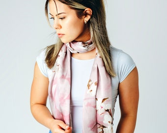 Pink Silk Scarf - Cherry Blossom Scarf for Her - Gift for Her- Holiday Scarf - 15"x 60"