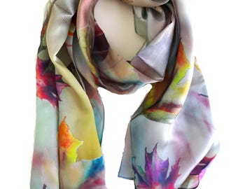 Hummingbird Silk Scarf - Fall Leaves - Holiday Scarf for Her - Silk Satin - 15" x 60"