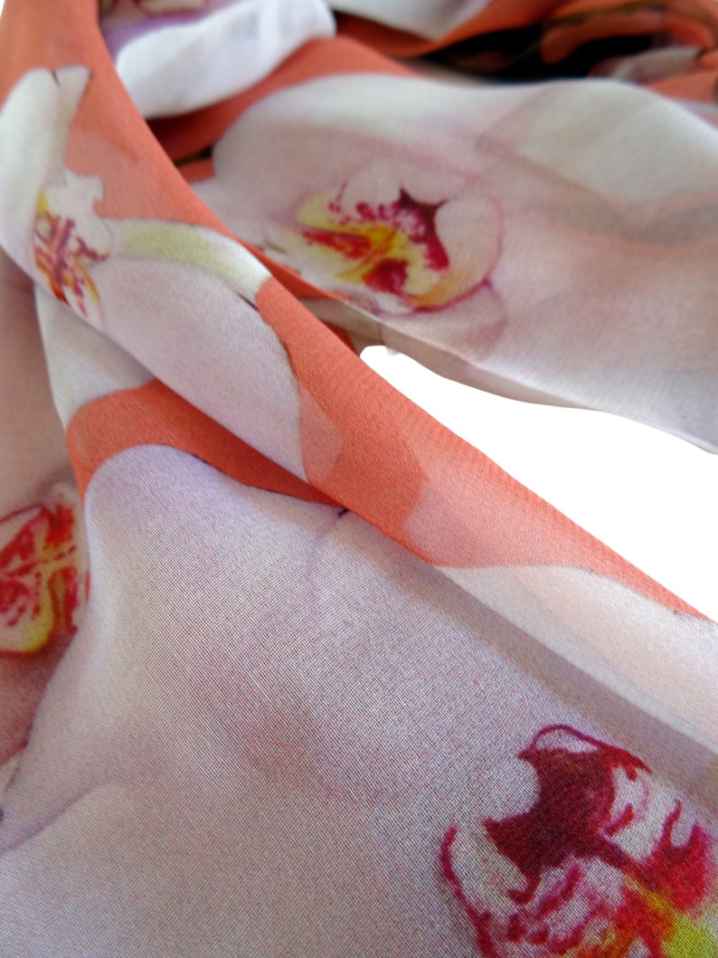 Coral Silk Scarf Spring Scarf Tropical Floral Scarf Sheer 15 x 60 image 3