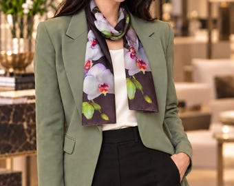 Rich Coffee Brown Silk Scarf - Orchids Scarf - Satin Scarf - Gift for Her - 15" x 60"