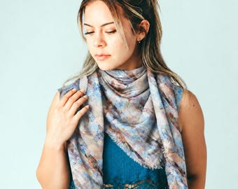 Abstract Beige & Blue Scarf - Large Square Soft Wool - 45" Square