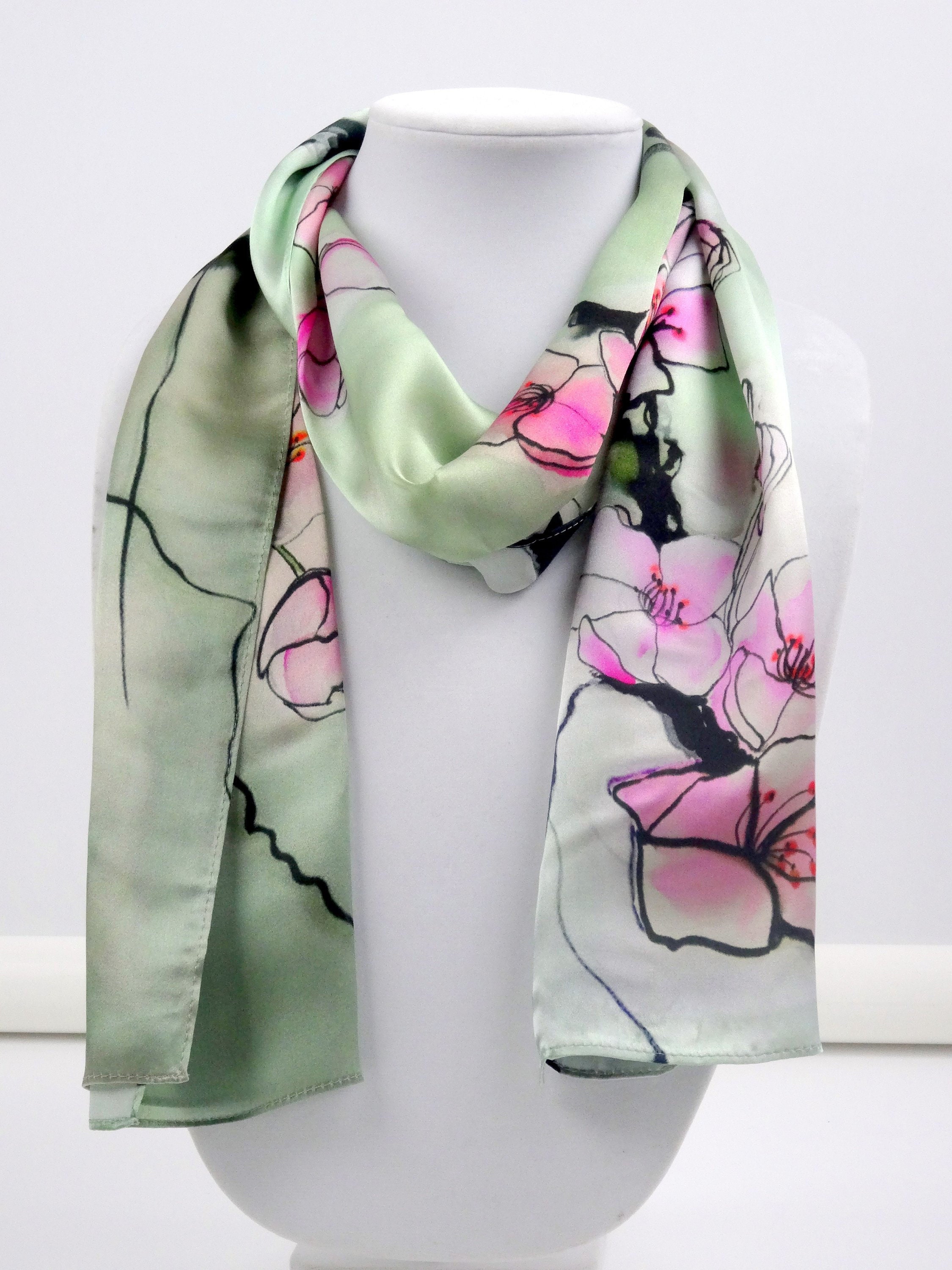Mint Green Silk Scarf - Cherry Blossom - Spring Scarf